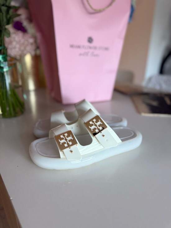 Tory Burch Shoes - Tory Burch Buckle Bubble Jelly Slide Sandals in Ivory and Gold